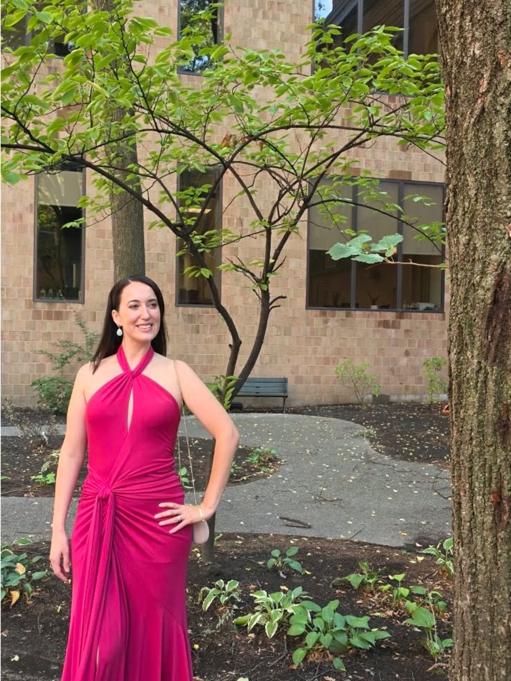 cinq a sept Fuchsia Halter Ruched Knot Prom Gown